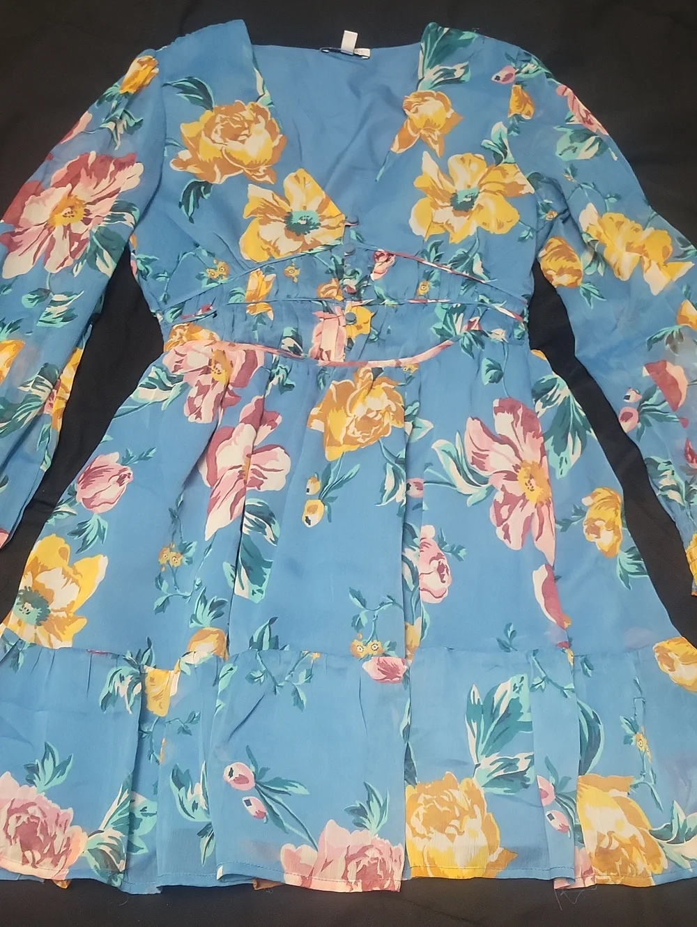Patrons of Peace Small Blue Floral Button Corset Long Sleeve Mini Dress - Picture 5 of 8